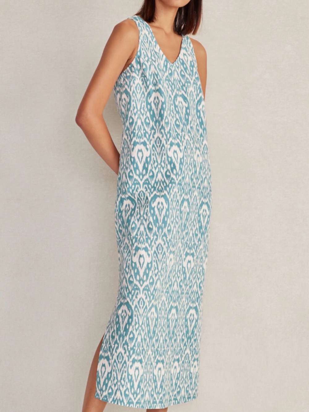 Haven organic linen Sleeveless Teal Ikat V-Neck Maxi Dress XL